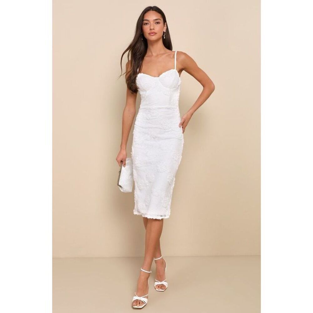 Lulus Sultry Romantic White Lace Bustier Bodycon Midi Dress